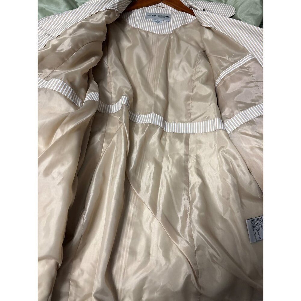 Weather Tamer Womens Beige & White Striped Trench Coat L Double-Breasted Belted - Picture 5 of 6